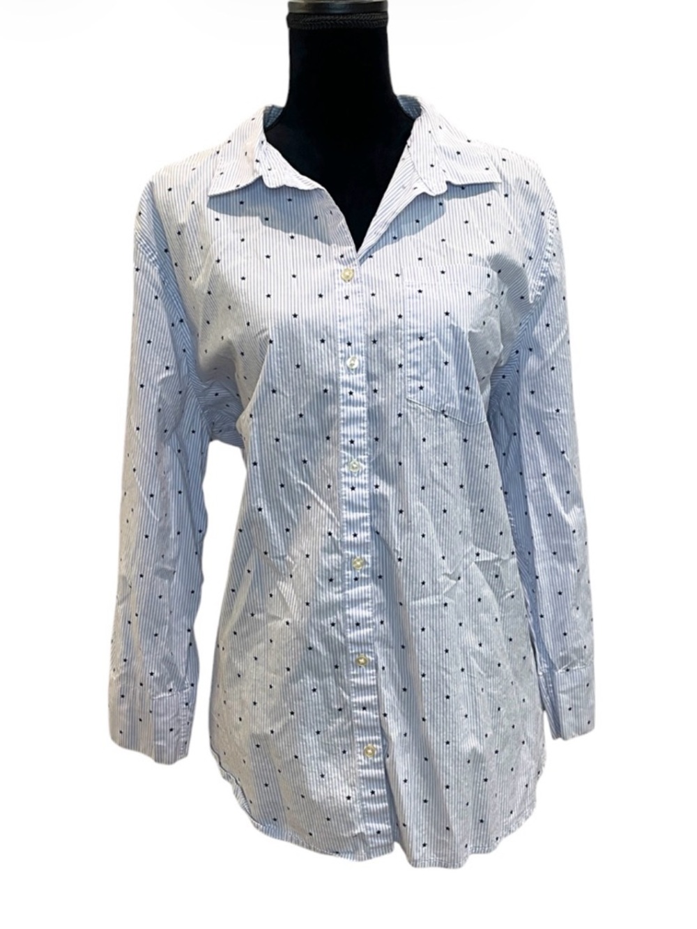 Light Blue and White Vertical Pinstripe Button-Up Shirt with Navy Blue Stars